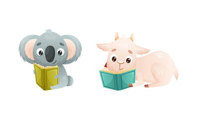 Cute baby animals reading books set. Goatling and koala bear sitting with book cartoon vector illustration
