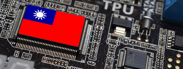 Flag of Taiwan on semiconductor chip or microchip on a motherboard. Taiwan manufacturing chip...