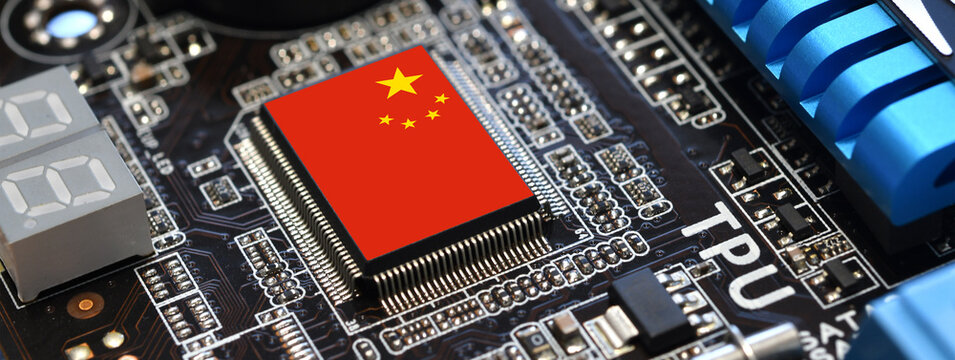 China flag on a processor, central processing unit CPU or microchip on a motherboard. Concept for the battle of global microchips production between China, Taiwan, Korea and USA. web banner image