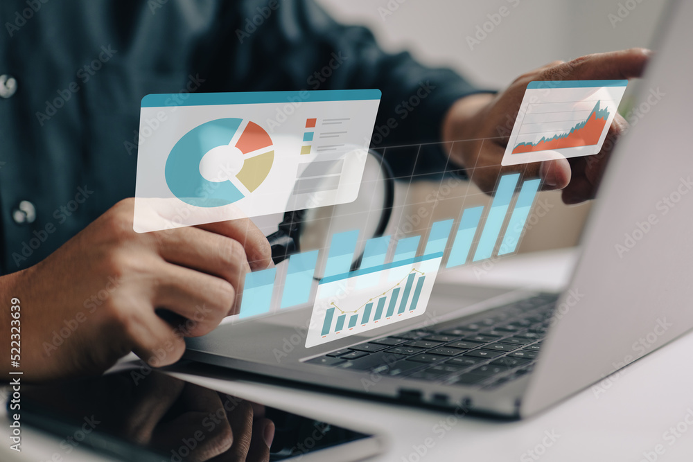 Poster Businesspeople working on a monitor graph dashboard while performing statistical and data analysis for corporate finance and investment ideas.