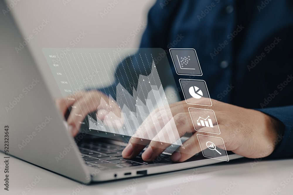 Poster The concept of analytics for large amounts of data and business intelligence. Financial charts are displayed on a screen that is simulated.