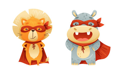Superhero animal kids set. Funny cat and hippo in red capes and masks cartoon vector illustration