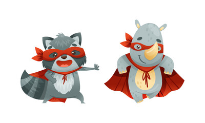 Superhero animal kids set. Funny raccoon and rhinoceros in red capes and masks cartoon vector illustration