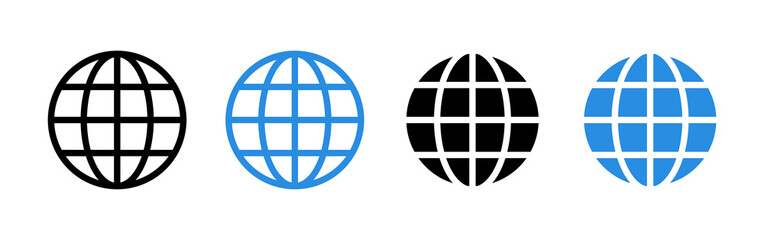 Globe icon. Black and blue icons isolated on a white background. Vector clipart.