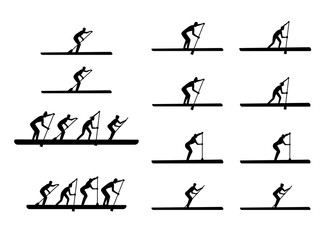 Stand up paddling.A large set of surfers with a paddle. Teams and individual athletes. Black silhouettes of people isolated on a white background.Emblem, badge, logo. Vector illustration.