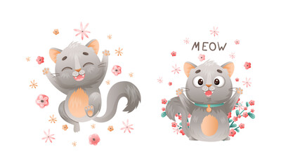 Cute grey kitten having fun set. Lovey playing cat animal cartoon vector illustratio