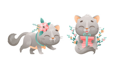 Cute grey kitten set. Lovey playing cat animal with flowers and gift box cartoon vector illustration