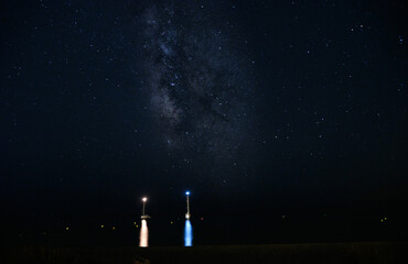 Menorca, Spain: Panoramic long exposure Night astrophotography. Milky Way over Son Bou beach,...