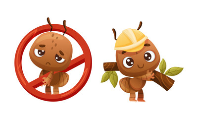 No ants prohibition sign with sad ant inside, cute brown little ant in hard hat carrying brunch of tree. Funny insect in everyday activities cartoon vector illustration