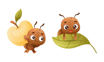 Cute brown little ant carrying apple and sitting on green leaf. Funny insect in everyday activities cartoon vector illustration
