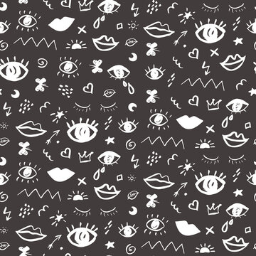 Eyes and lips with doodles vector seamless pattern