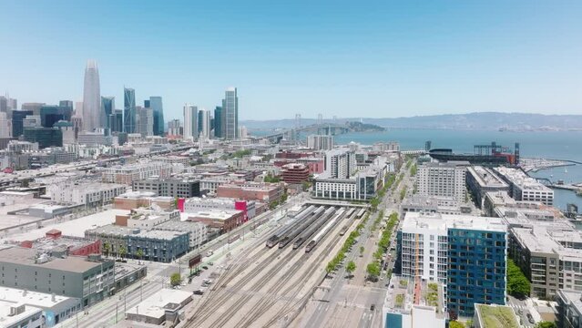 Urban panoramic vista above San Francisco Financial District. Aerial footage of key landmarks by the marine landscape of the Downtown with 80 highway view. High quality 4k footage