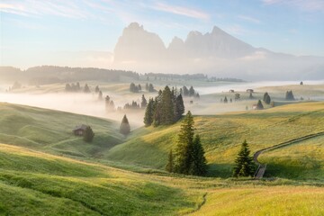 Seiser Alm (Alpe di Siusi) with Langkofel mountain at sunrise, Italy
Foggy morning in Dolomites. Sun rises at a clear blue sky and illuminates it.
Unesco world haritage