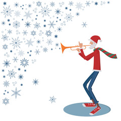 Tall modern weared Santa Claus playing the trumpet with snowflakes. Character vector illustration. 