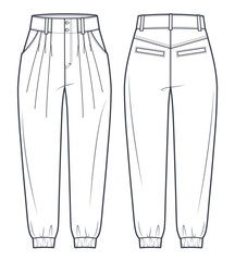 Jogger pants fashion flat technical drawing template.  Jeans Denim pants medium waist, owersize, pockets, women, men, unisex, front, back view, white, CAD mockup.