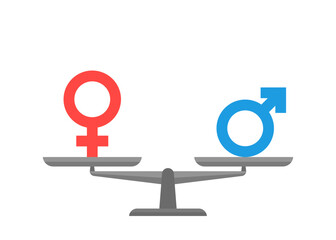 Equality of sex on weight scale, comparison man and woman in equal relation. Libra with gender signs. Vector flat illustration