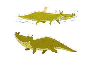 Cute Green Toothy Crocodile or Gator Character Swimming with Bird and Walking Vector Set