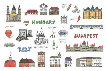Travel Budapest Hungary vector objects and architecture illustrations set