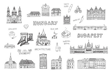 Obraz premium Travel Budapest Hungary vector objects and architecture illustrations line set