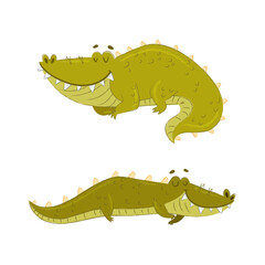 Cute Green Toothy Crocodile or Gator Character Lying and Sleeping Vector Set