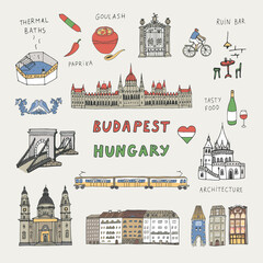 Obraz premium Travel Budapest Hungary vector objects and architecture illustrations set