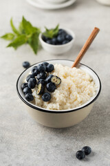 Rice milk porridge with blueberries in a bowl close-up. The concept of a healthy and tasty breakfast.