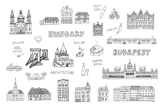 Travel Budapest Hungary vector objects and architecture illustrations line set