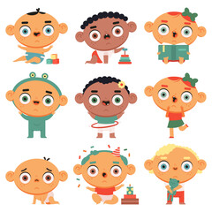 Cute baby vector cartoon characters set isolated on a white background.