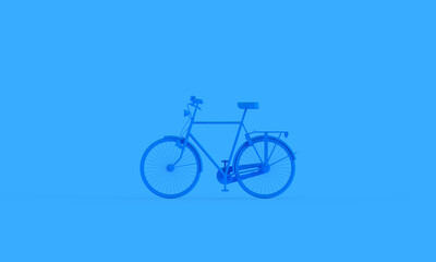 Blue, metal bike on a blue matt background. Minimal style. 3d render on the theme of bicycles, shops, outdoor activities, spare parts.