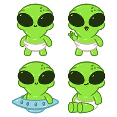 Cute baby alien in diapers vector cartoon characters set isolated on a white background.