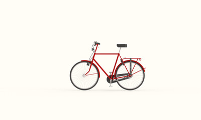 Fototapeta premium Red, metal bike on beige background. Minimal style. 3d render on the theme of bicycles, shops, outdoor activities, spare parts.