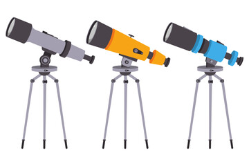 Fototapeta premium Telescopes on tripod vector cartoon set isolated on a white background.