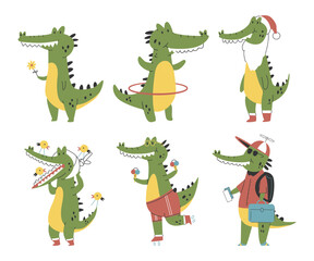 Cute crocodiles characters vector cartoon set isolated on a white background.