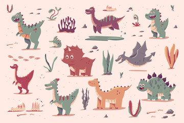 Cute dinosaurs, prehistoric plants vector cartoon set isolated on background. © Roi_and_Roi