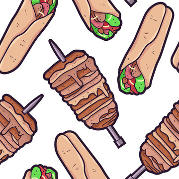 Shawarma vector cartoon seamless pattern background for wallpaper, wrapping, packing, and backdrop.