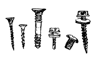 set of bolts, self-tapping screws. vector insulated home repair tools metal bolts, and self-tapping screws drawn by hand in sketch style with line black for design template Vector