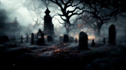 3D illustration of a Halloween concept dark background of a castle and graveyard. Horror background In foggy weather. Happy Halloween