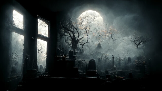 3D illustration of a Halloween concept dark background of a castle and graveyard. Horror background In foggy weather. Happy Halloween