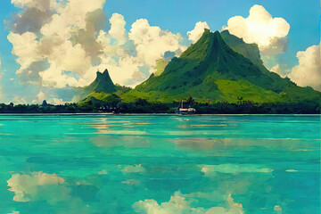 Bora Bora Tahiti landscape, island with ocean view - obrazy, fototapety, plakaty