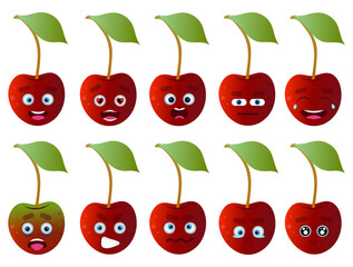 A set of stickers of sweet cherries with emotions. Cherries with faces. Fruit. Sweet cherry