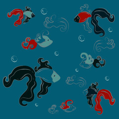 Sea Pattern with Fishes and Bubbles