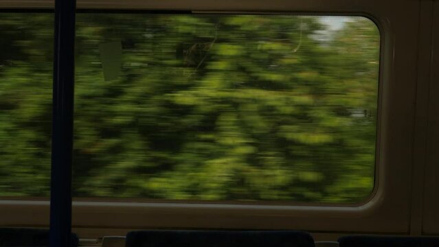 View of houses and trees from train window in outskirts of London, United Kingdom.