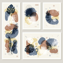Three tropical leaves collages pastel colors