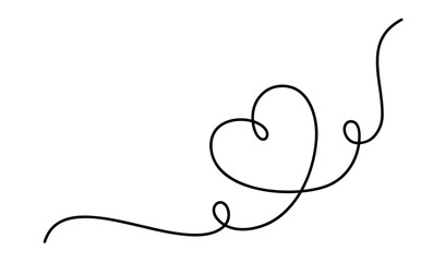 One continuous line drawing of curve with Heart. Decorative border for valentines, marriage, mother day, greeting invitation. Vintage ornament and decorative divider. Editable outline on white. Vector
