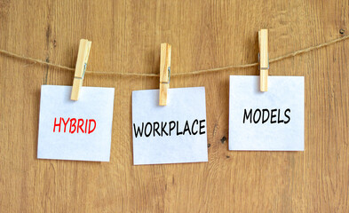 Hybrid workplace models and support symbol. Concept words Hybrid workplace models on white paper on...