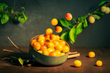 Bowl filled with mirabelle plums in beautiful light on a dark moody background and on a wooden...