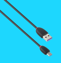 cable with USB and Type-C connector, on a blue background