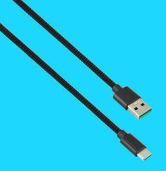 cable with USB and Type-C connector, on a blue background
