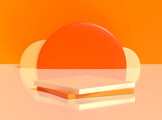 3d rendering orange stage with geometry minimal background. Half Circle orange. 3d illustration.