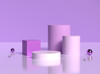 Purple geometry podium minimal cosmetics product stand with purple metallic sphere for product on purple background. 3d illustration.